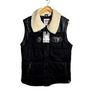 Phat Farm Bubble Fleece Vest Men M Black PU Trim Faux Sherpa Dead Stock NWT Y2K
